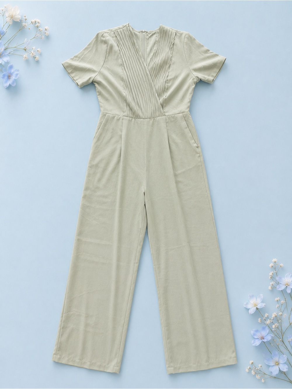 Pleated V-Neck Sage Wide-Leg Jumpsuit